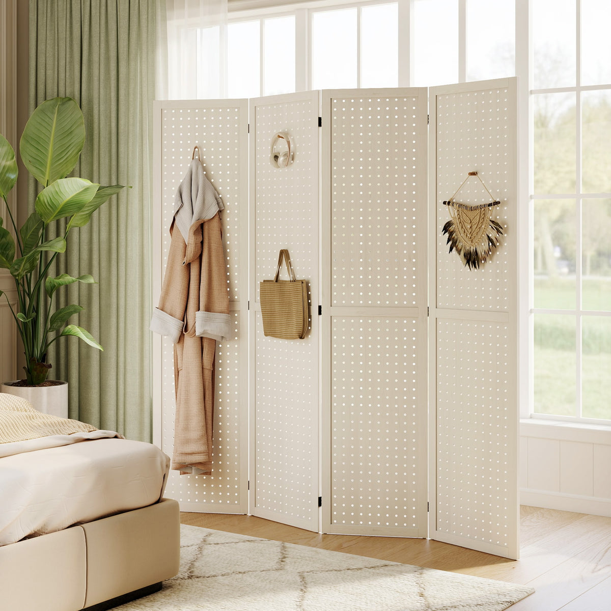 4-Panel Pegboard Room Divider - White Paulownia Wood 67" H-Home Furnishings > Living Room Furniture > Room Dividers-DECOROLALA