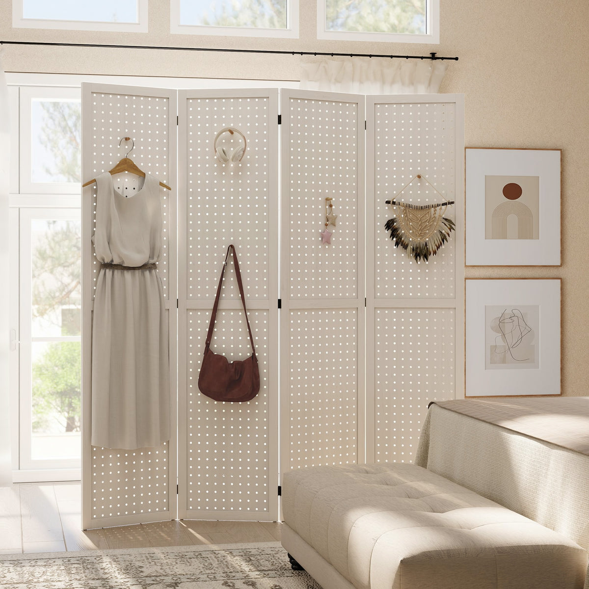 4-Panel Pegboard Room Divider - White Paulownia Wood 67" H-Home Furnishings > Living Room Furniture > Room Dividers-DECOROLALA