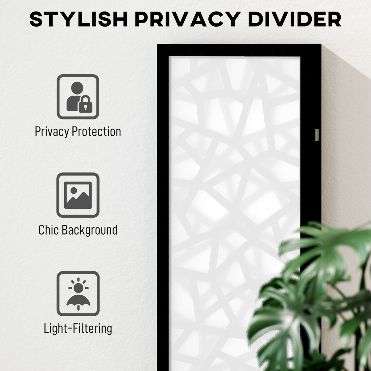 4-Panel Room Divider - 5.6' Geometric Privacy Screen, Black-Home Furnishings > Living Room Furniture > Room Dividers-DECOROLALA