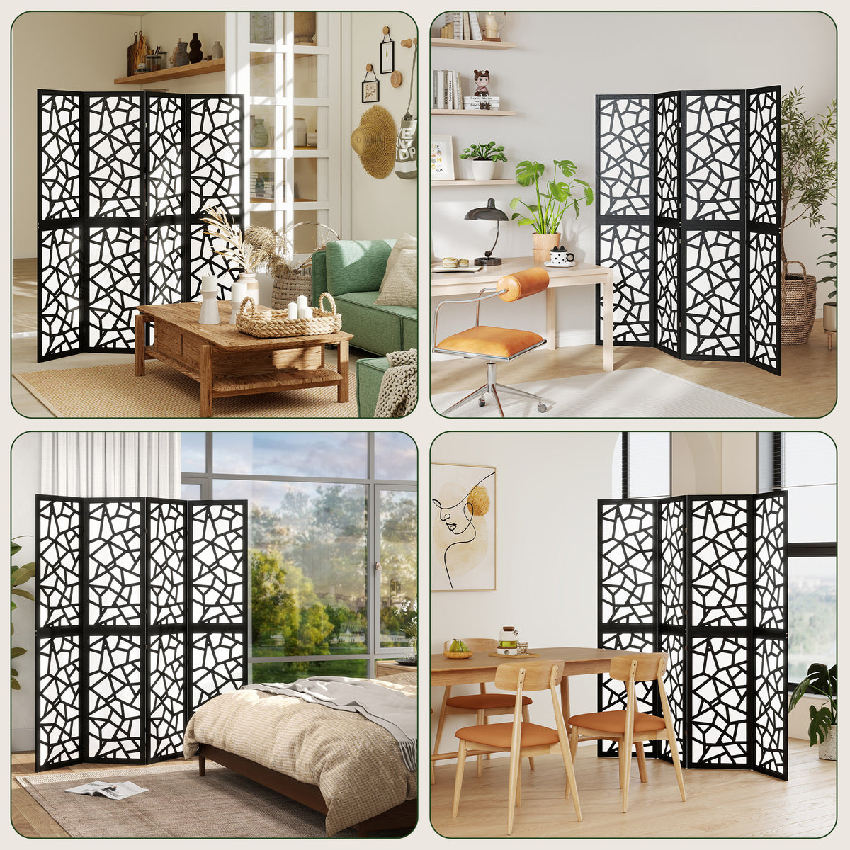 4-Panel Room Divider - 5.6' Geometric Privacy Screen, Black-Home Furnishings > Living Room Furniture > Room Dividers-DECOROLALA
