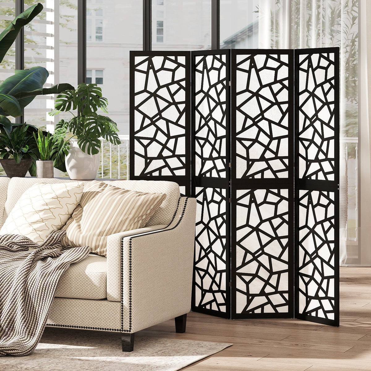 4-Panel Room Divider - 5.6' Geometric Privacy Screen, Black-Home Furnishings > Living Room Furniture > Room Dividers-DECOROLALA