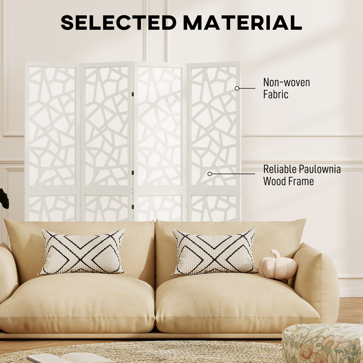 4 Panel Room Divider - 5.6' Geometric Privacy Screen White-Home Furnishings > Living Room Furniture > Room Dividers-DECOROLALA