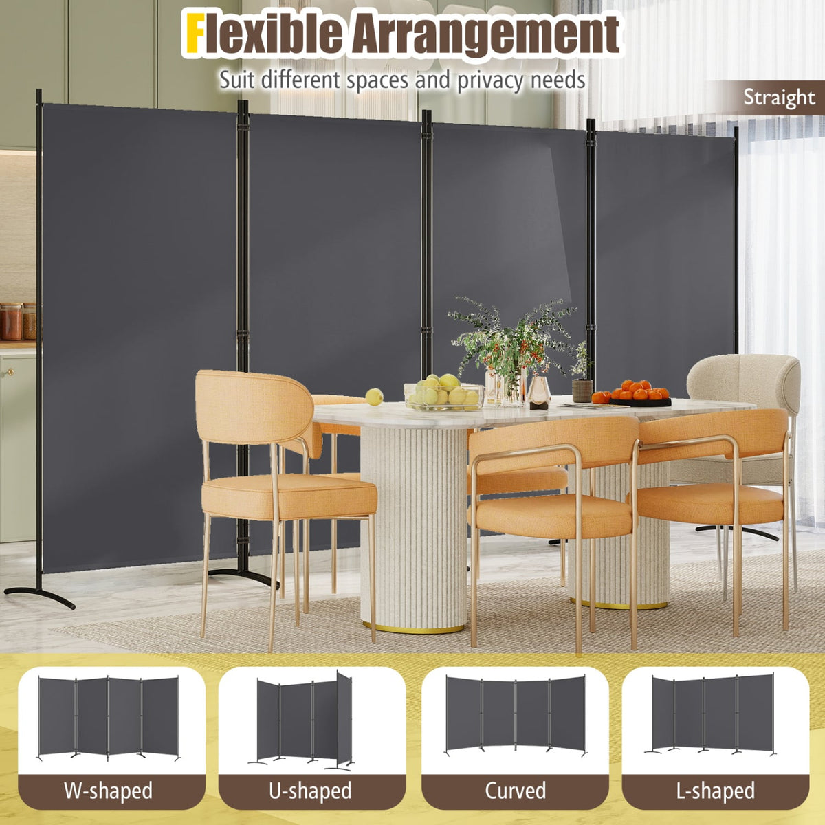 4 Panel Room Divider 6 FT Tall Folding Privacy Screen with Curved Meta ...