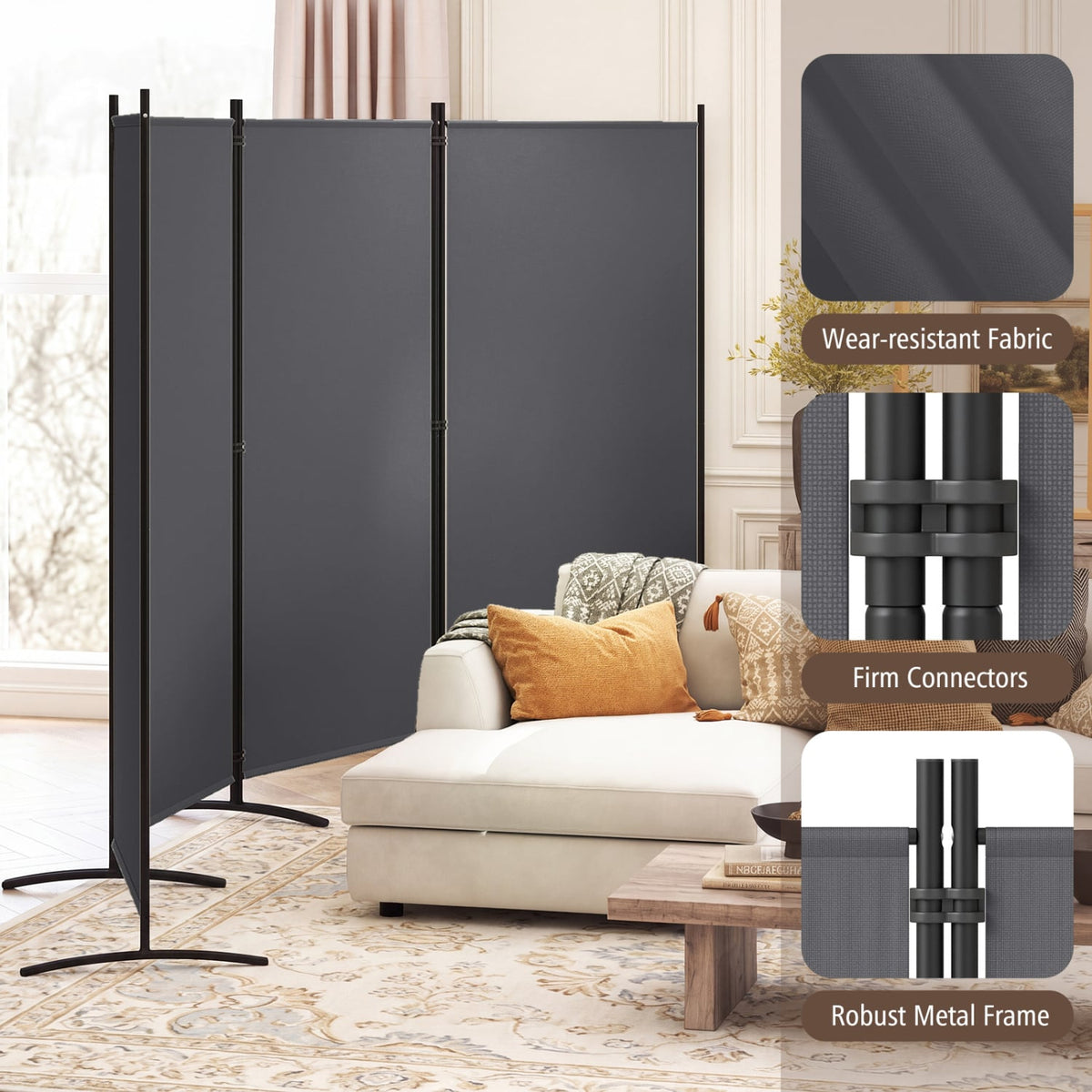 4 Panel Room Divider 6 FT Tall Folding Privacy Screen with Curved Meta ...