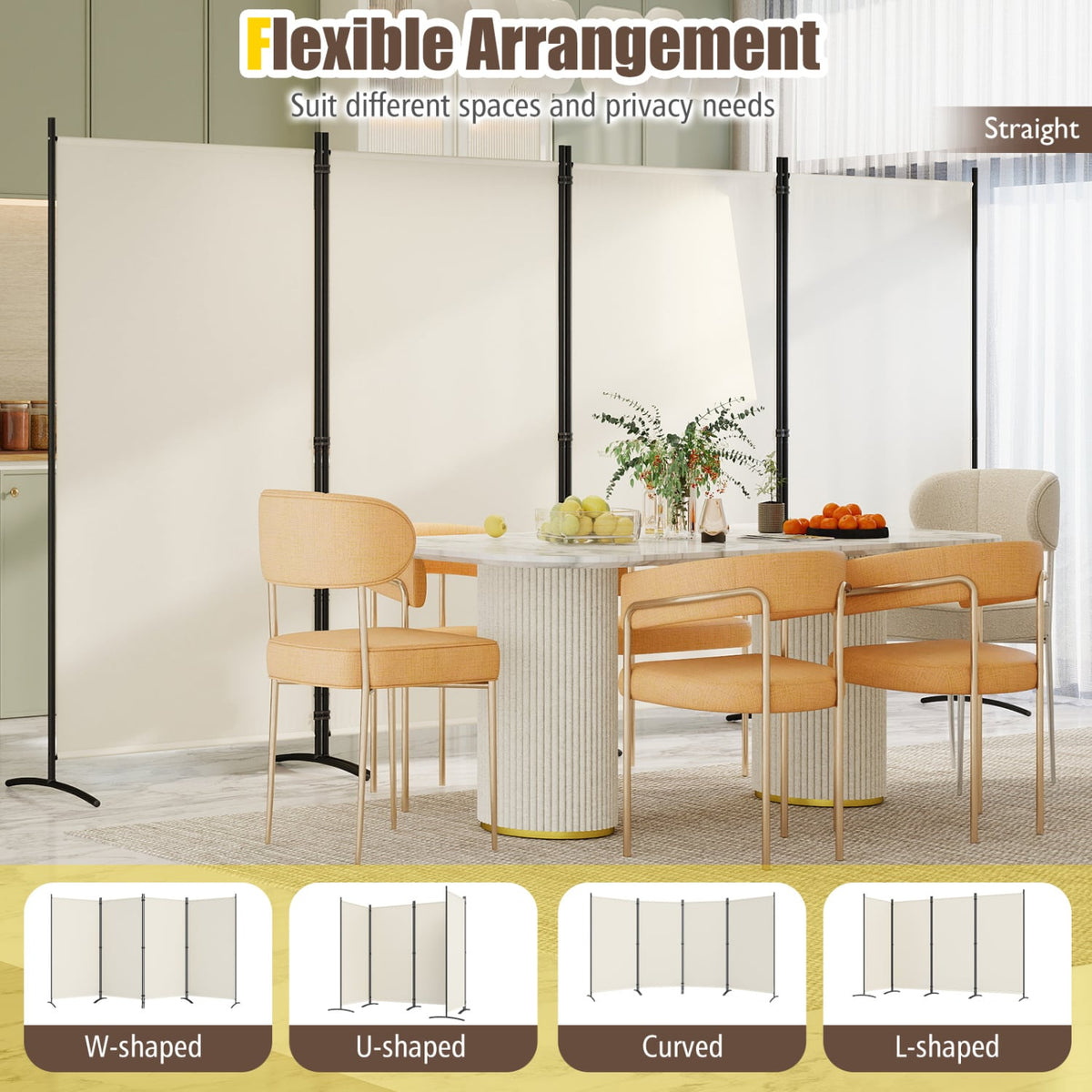 4 Panel Room Divider 6 FT Tall Folding Privacy Screen with Curved Meta ...