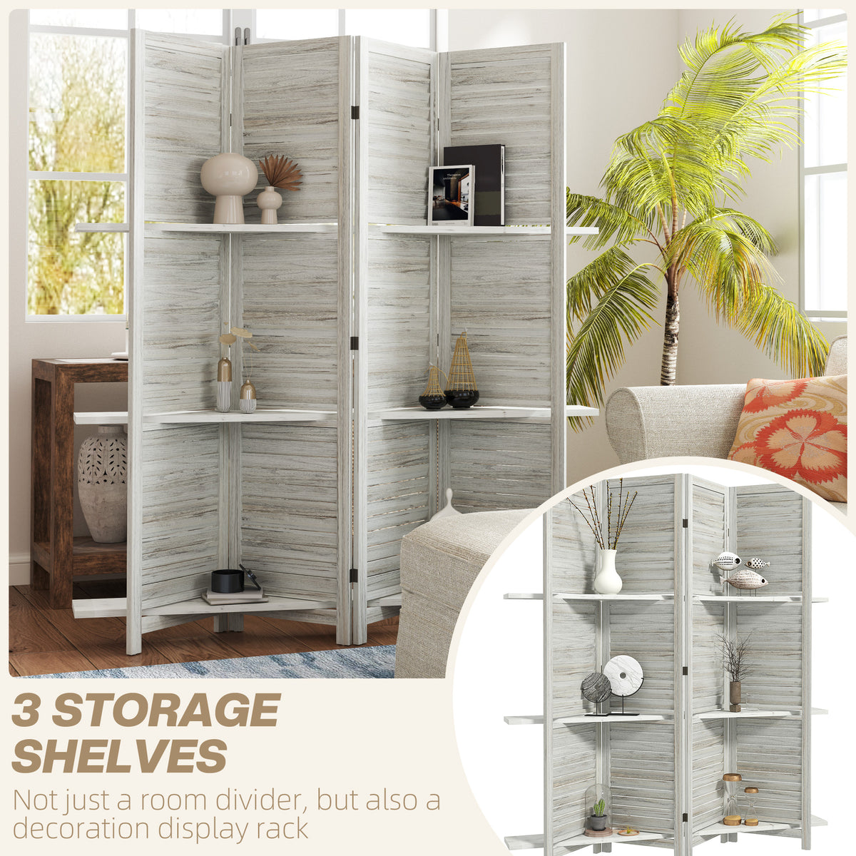 4-Panel Room Divider with 3 Shelves - Distressed White 5.6FT-Home Furnishings > Living Room Furniture > Room Dividers-DECOROLALA