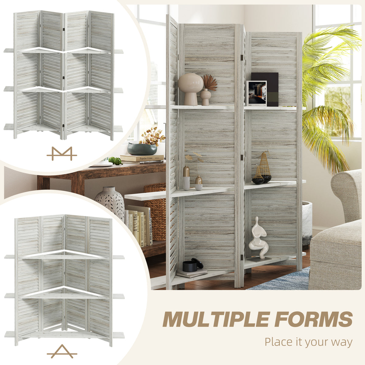 4-Panel Room Divider with 3 Shelves - Distressed White 5.6FT-Home Furnishings > Living Room Furniture > Room Dividers-DECOROLALA