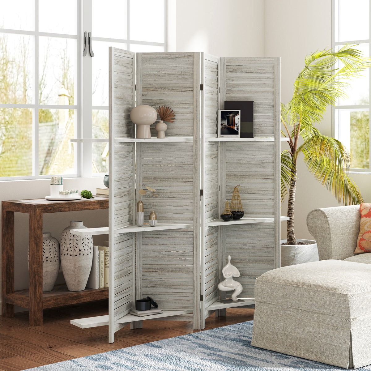 4-Panel Room Divider with 3 Shelves - Distressed White 5.6FT-Home Furnishings > Living Room Furniture > Room Dividers-DECOROLALA