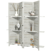 4-Panel Room Divider with 3 Shelves - Distressed White 5.6FT-Home Furnishings > Living Room Furniture > Room Dividers-DECOROLALA
