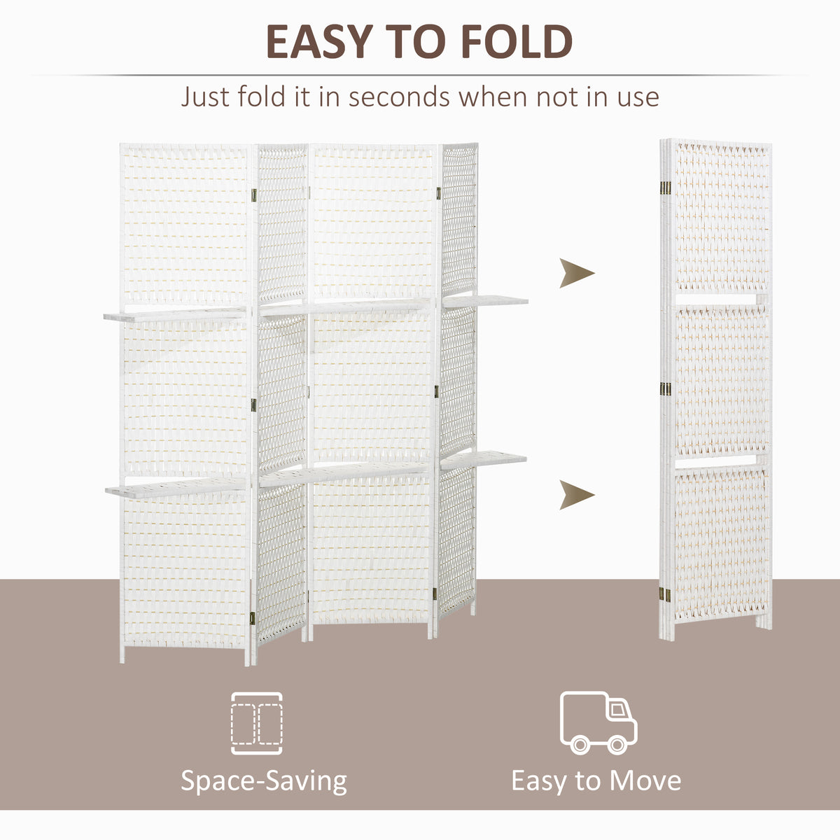 4 Panel Room Divider with Shelves - 6 FT Folding White-Home Furnishings > Living Room Furniture > Room Dividers-DECOROLALA