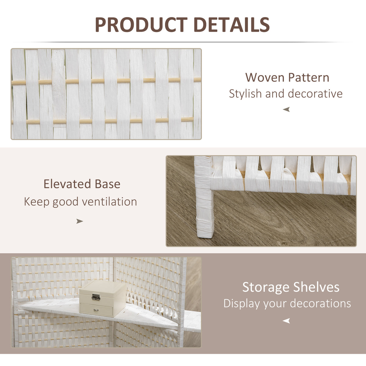4 Panel Room Divider with Shelves - 6 FT Folding White-Home Furnishings > Living Room Furniture > Room Dividers-DECOROLALA