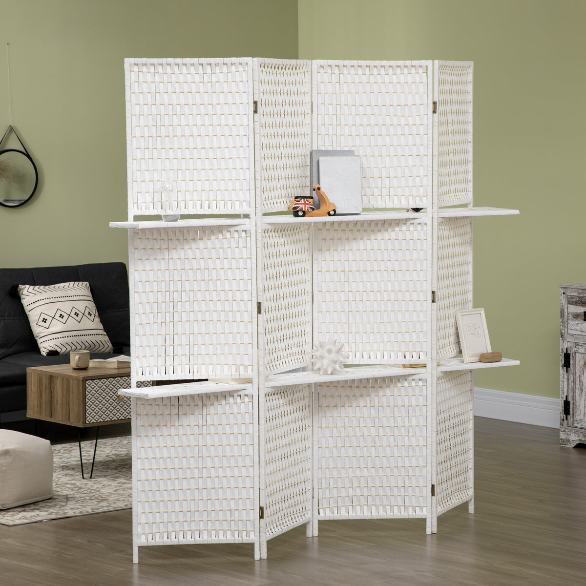 4 Panel Room Divider with Shelves - 6 FT Folding White-Home Furnishings > Living Room Furniture > Room Dividers-DECOROLALA