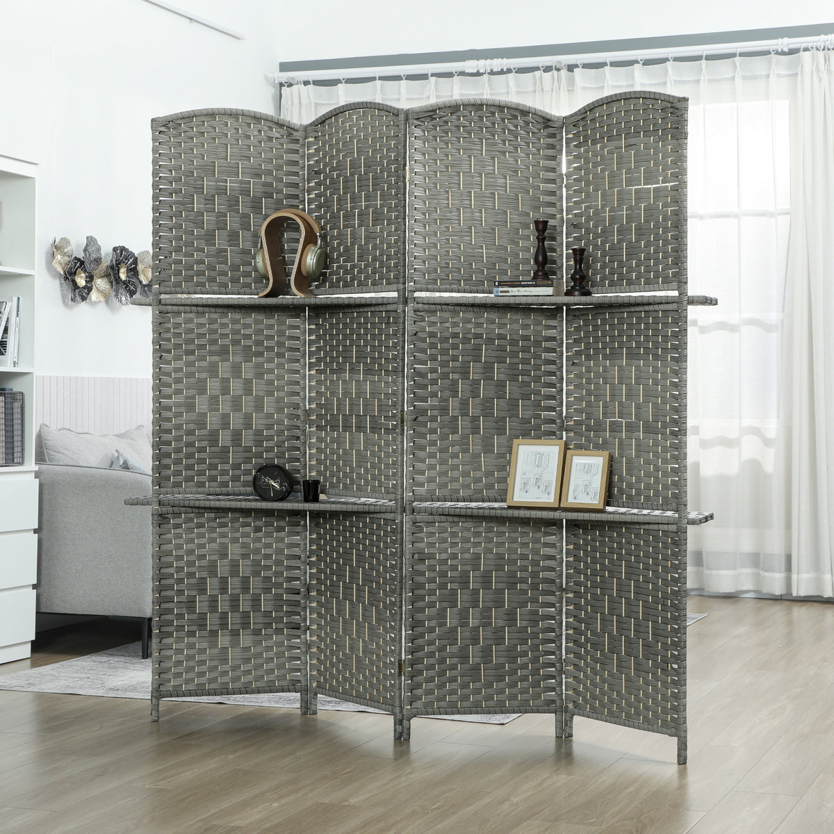 4-Panel Room Divider with Shelves - 6ft Grey Screen-Home Furnishings > Living Room Furniture > Room Dividers-DECOROLALA