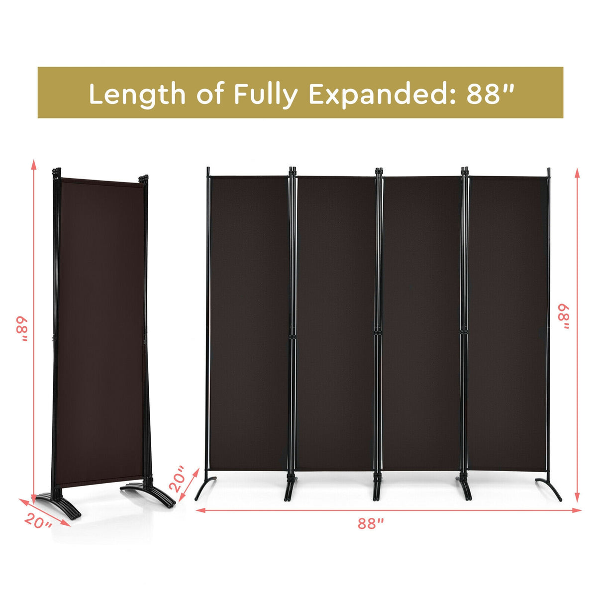 4-Panel Room Divider with Steel Frame-Brown – DECOROLALA