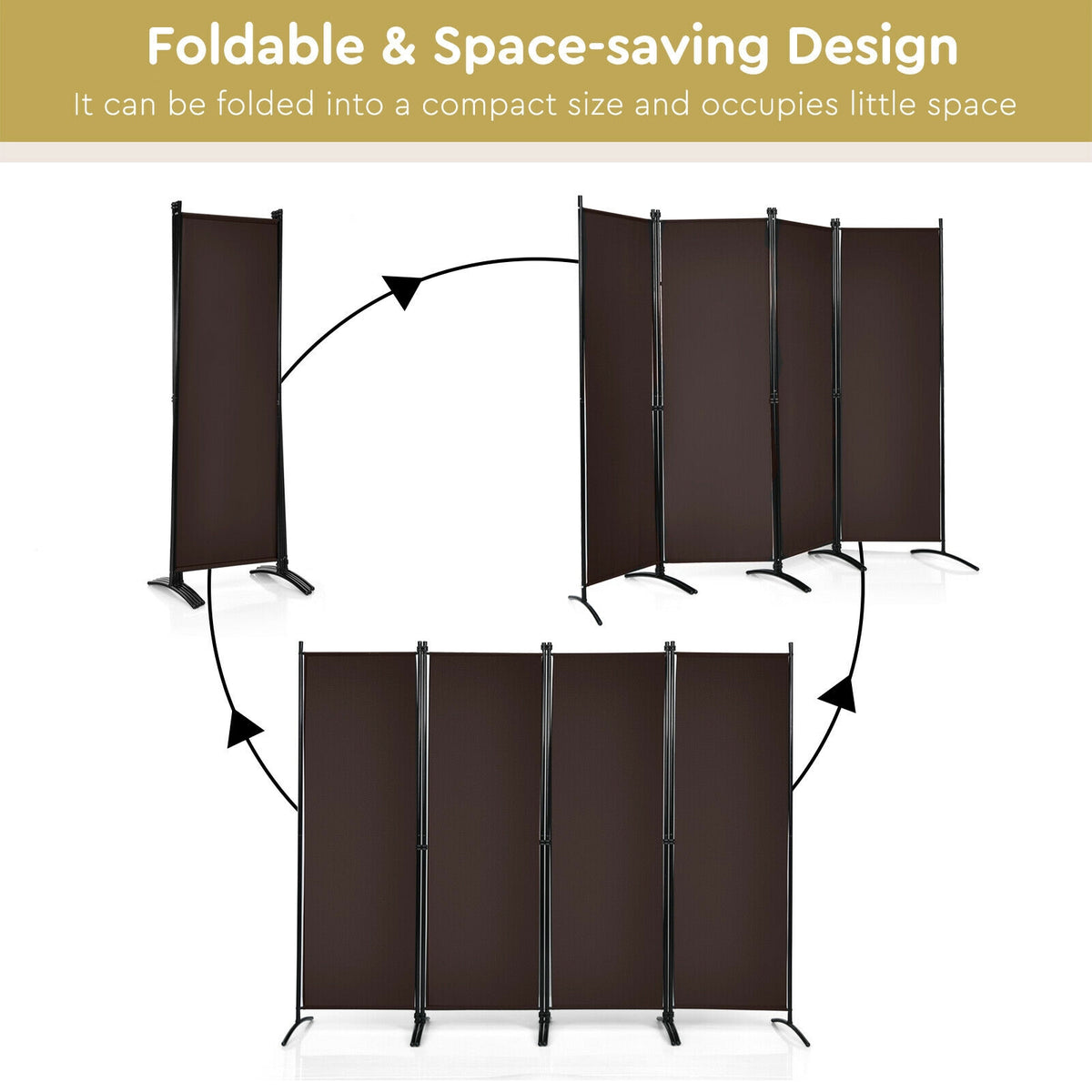 4-Panel Room Divider with Steel Frame-Brown – DECOROLALA