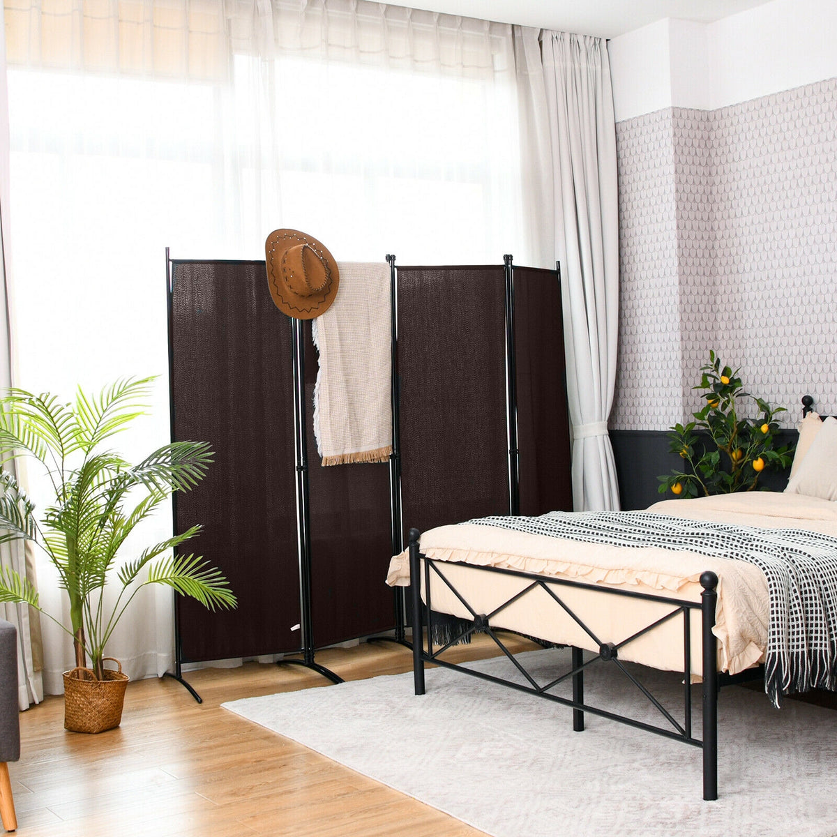 4-Panel Room Divider with Steel Frame-Brown – DECOROLALA