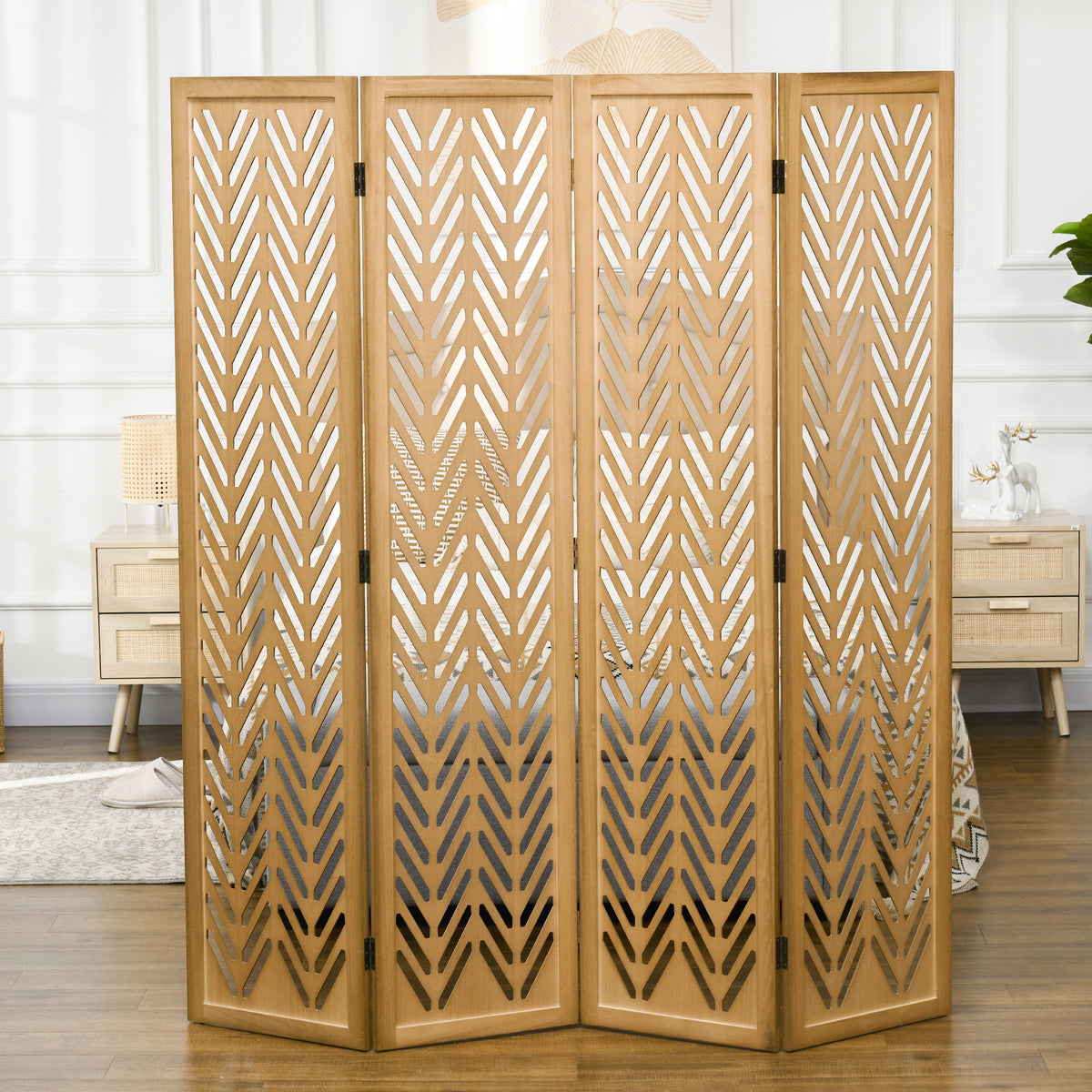 4 Panel Wood Room Divider - 5.6ft Light Brown Rustic-Home Furnishings > Living Room Furniture > Room Dividers-DECOROLALA