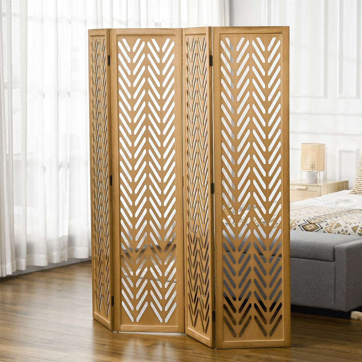4 Panel Wood Room Divider - 5.6ft Light Brown Rustic-Home Furnishings > Living Room Furniture > Room Dividers-DECOROLALA