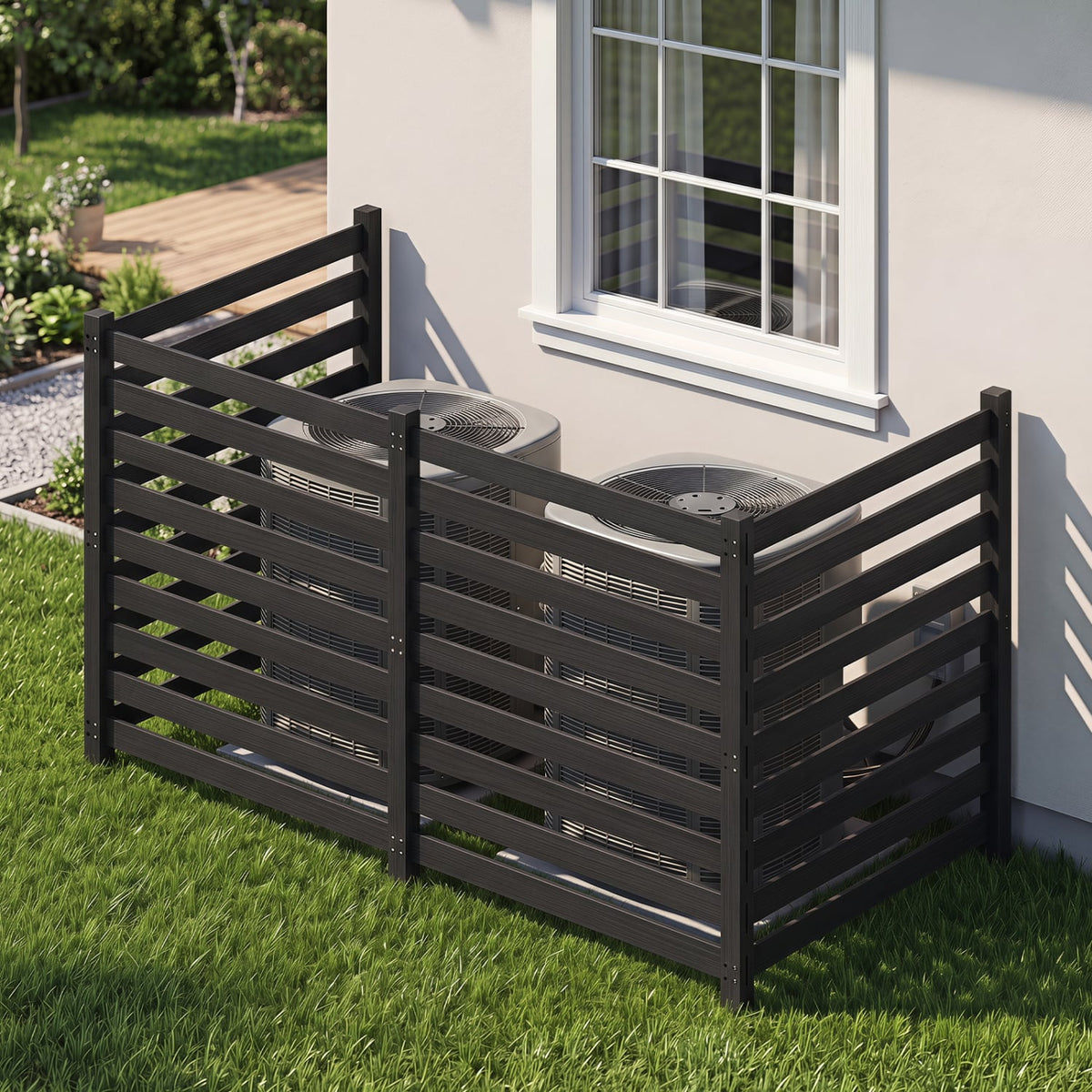 4-Panel Wooden Outdoor Privacy Fence with Ground Stakes-Black-Outdoor Privacy Screens-DECOROLALA