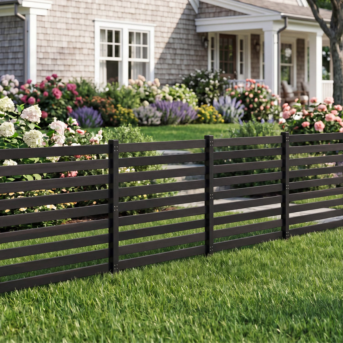 4-Panel Wooden Outdoor Privacy Fence with Ground Stakes-Black-Outdoor Privacy Screens-DECOROLALA