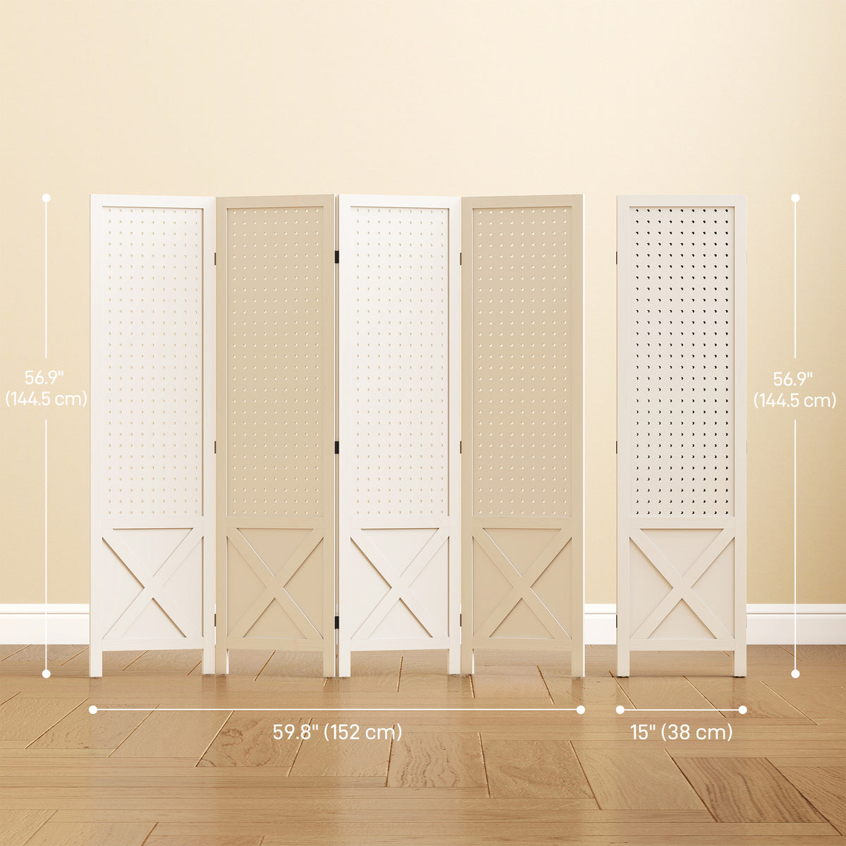4 Panel Wooden Room Divider with Pegboard - White 57" H-Home Furnishings > Living Room Furniture > Room Dividers-DECOROLALA