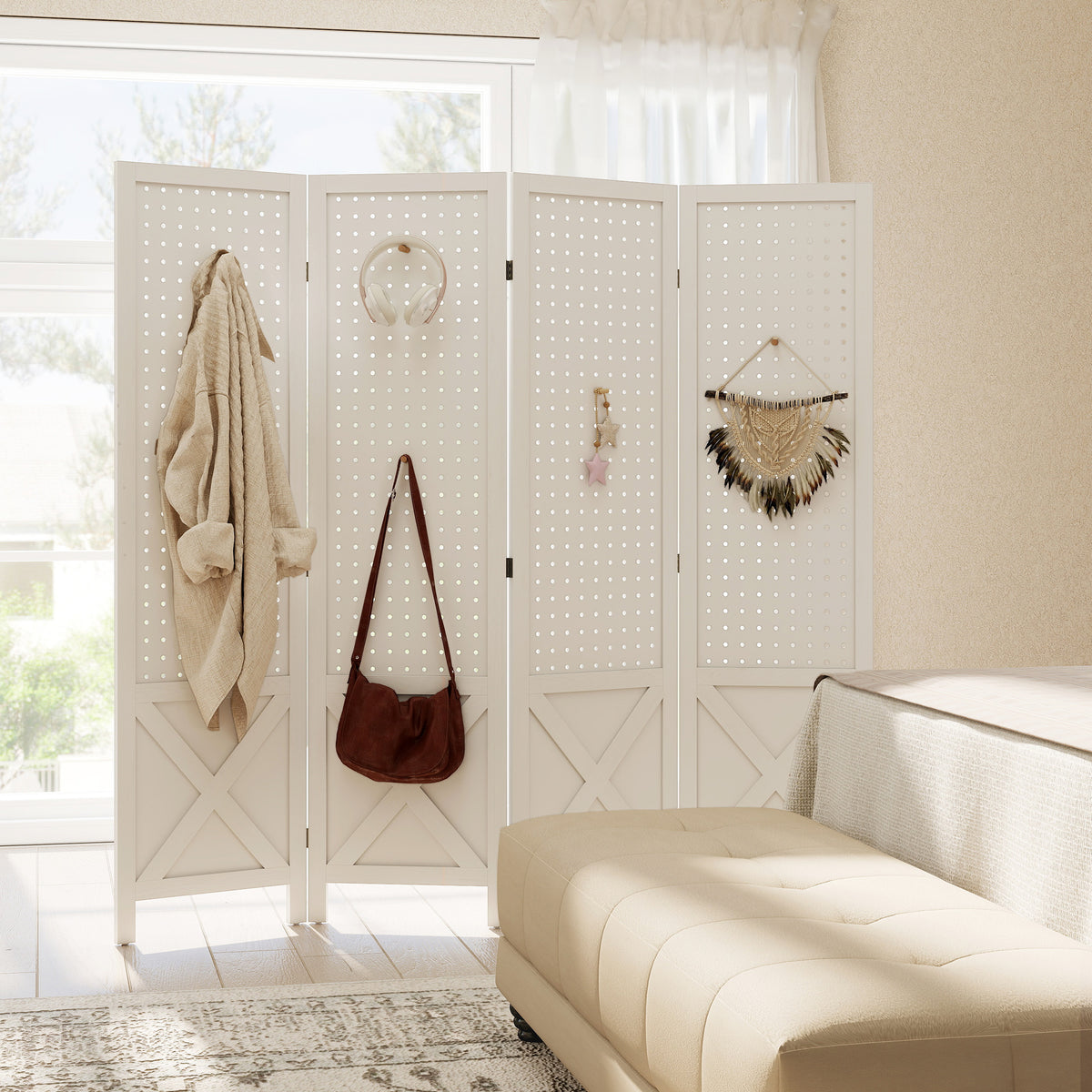 4 Panel Wooden Room Divider with Pegboard - White 57" H-Home Furnishings > Living Room Furniture > Room Dividers-DECOROLALA
