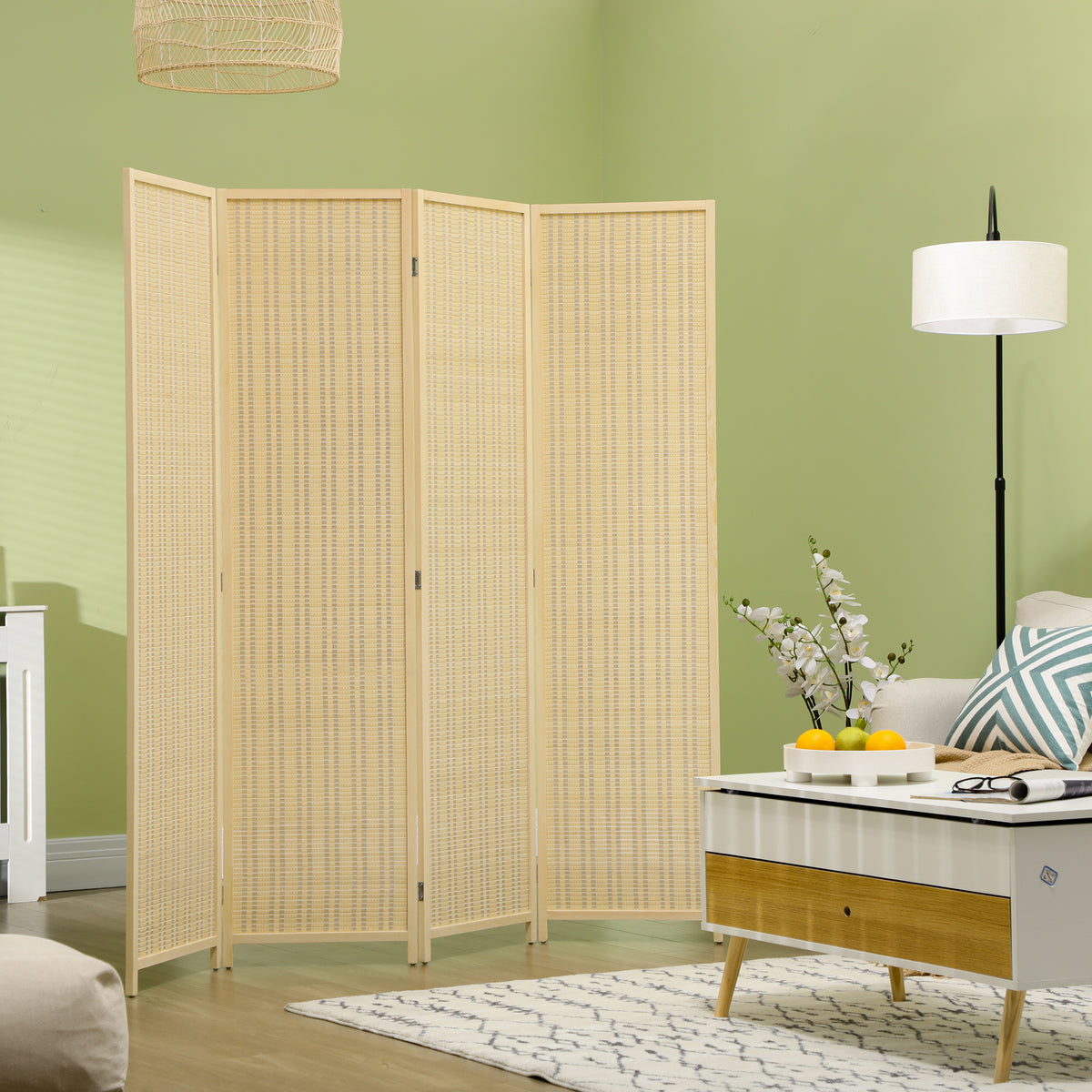 4-Panel Woven Bamboo Room Divider - 71" Natural Wood-Home Furnishings > Living Room Furniture > Room Dividers-DECOROLALA