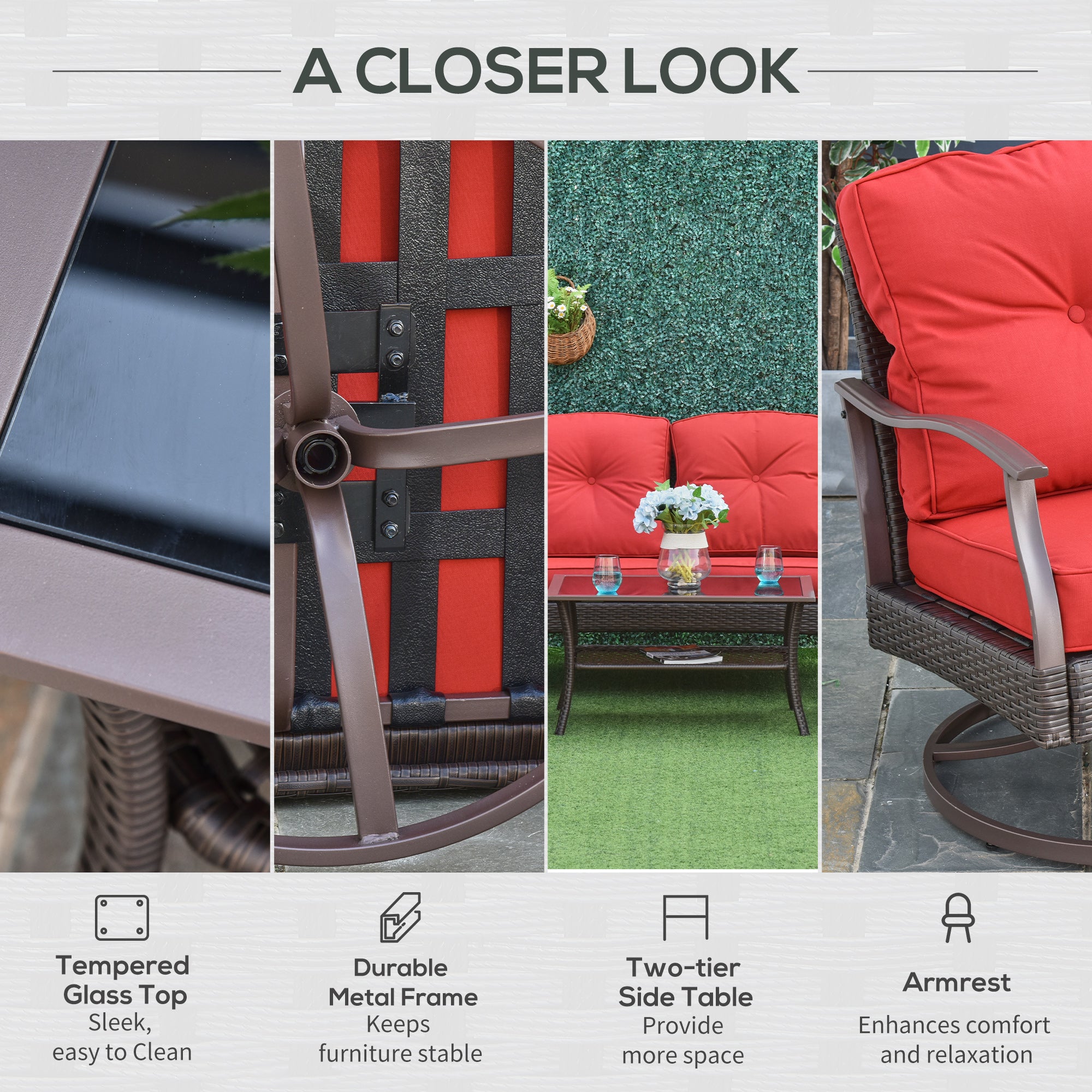 4 Pc PE Rattan Patio Sofa Set w/ Tea Table - Red-DECOROLALA