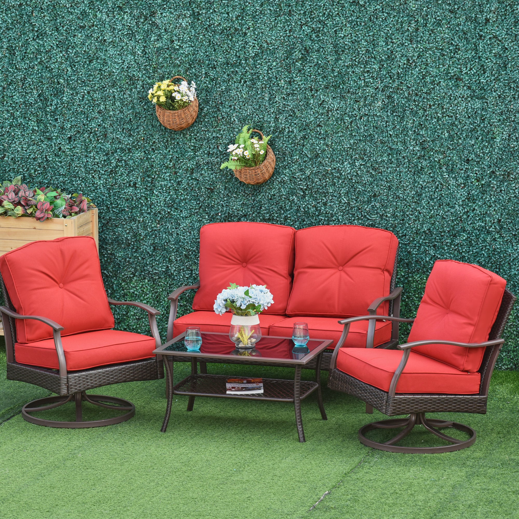 4 Pc PE Rattan Patio Sofa Set w/ Tea Table - Red-DECOROLALA