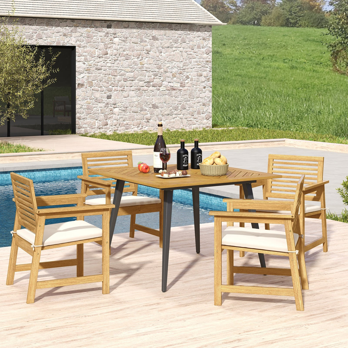 4-Person Acacia Wood Outdoor Dining Table for Garden Poolside and Backyard-Patio Dining Tables-DECOROLALA