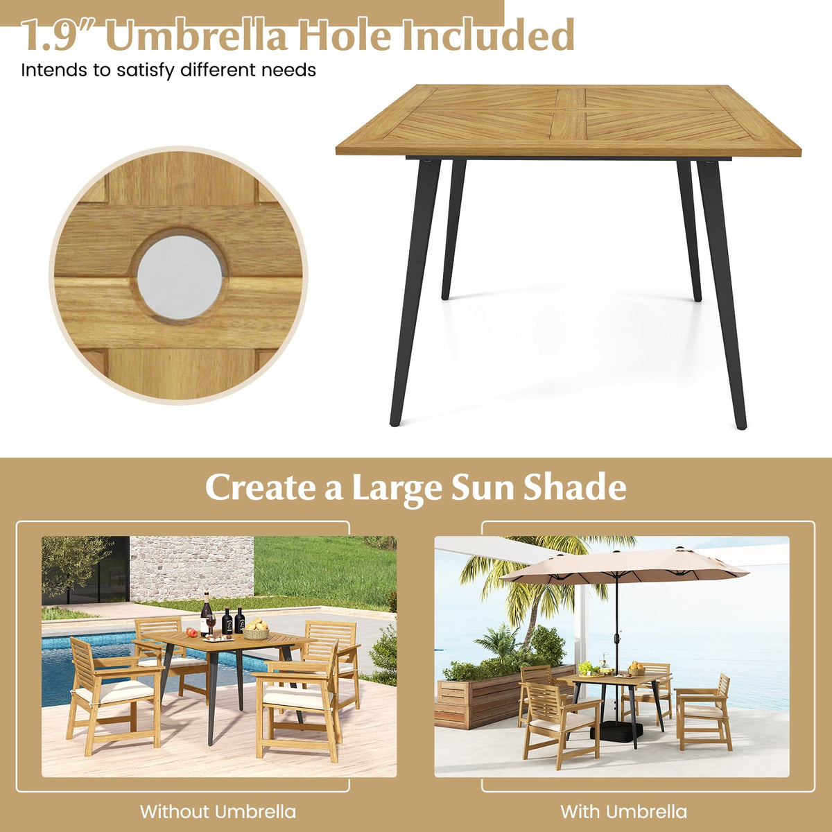 4-Person Acacia Wood Outdoor Dining Table for Garden Poolside and Backyard-Patio Dining Tables-DECOROLALA