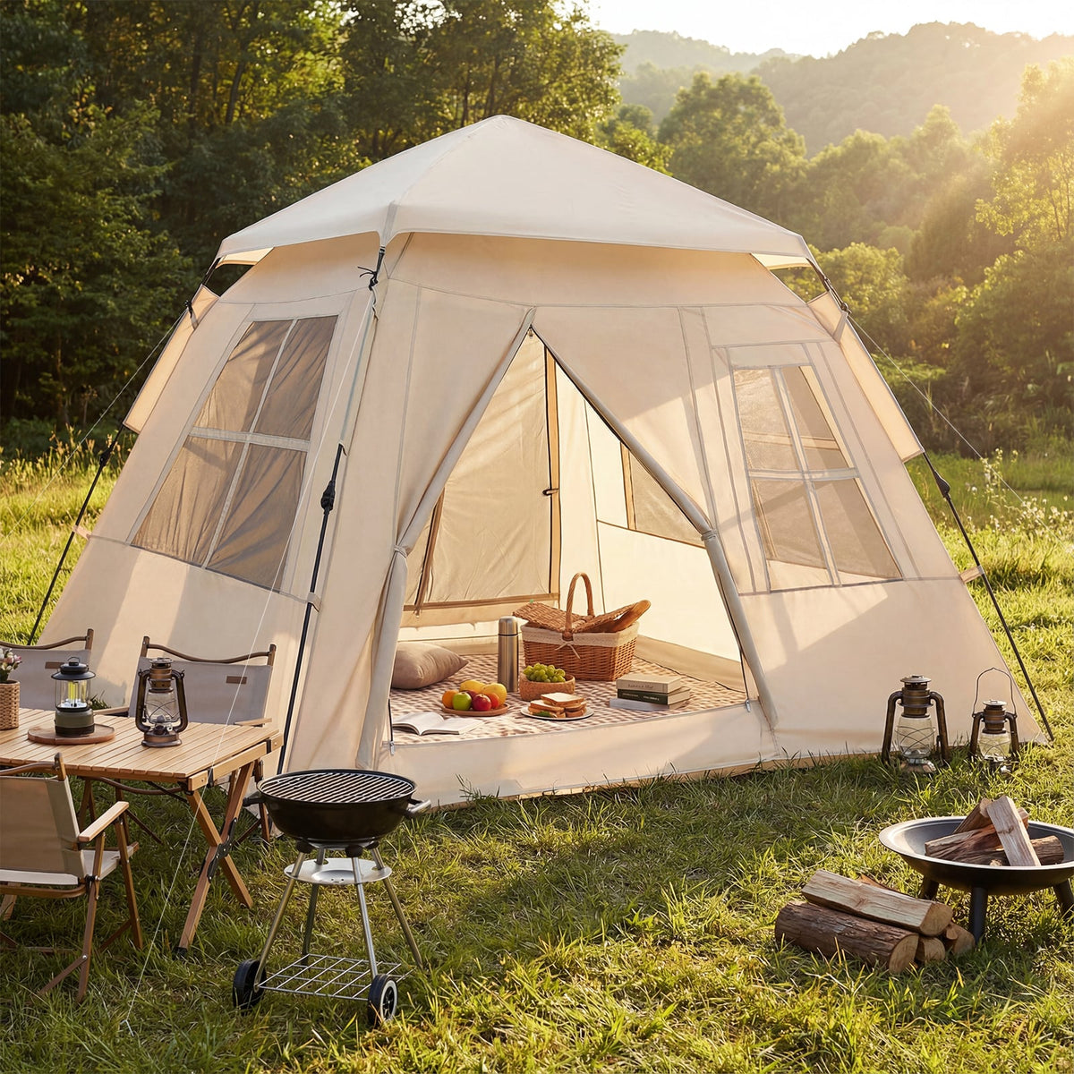 4 Person Camping Tent Portable Automatic Easy Setup with Rainfly and 2 Doors-Tents-DECOROLALA