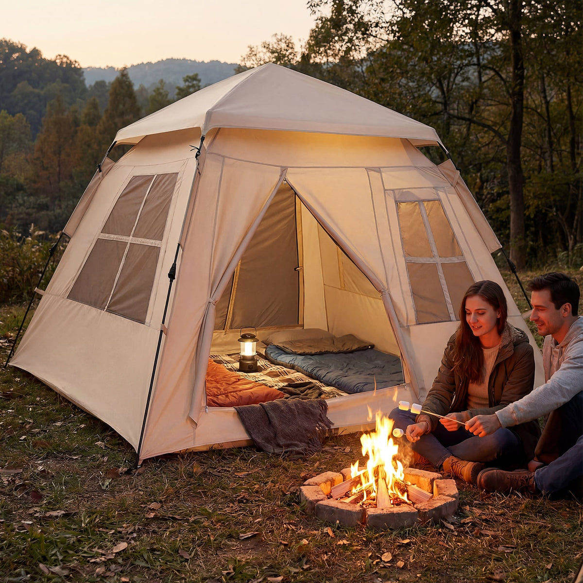 4 Person Camping Tent Portable Automatic Easy Setup with Rainfly and 2 Doors-Tents-DECOROLALA