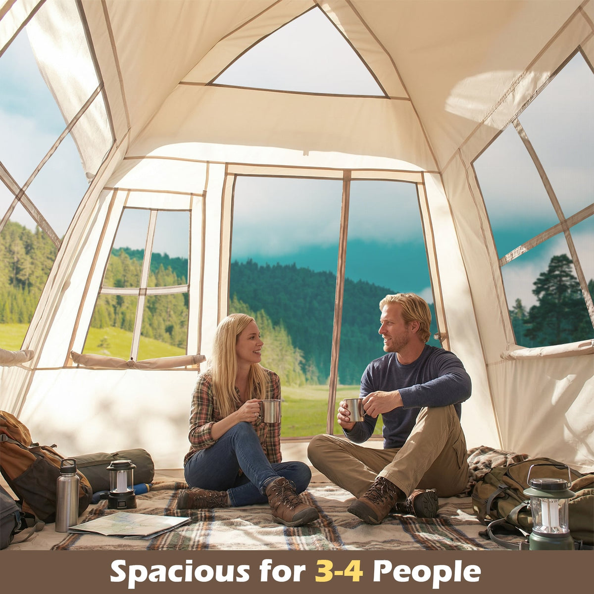 4 Person Camping Tent Portable Automatic Easy Setup with Rainfly and 2 Doors-Tents-DECOROLALA