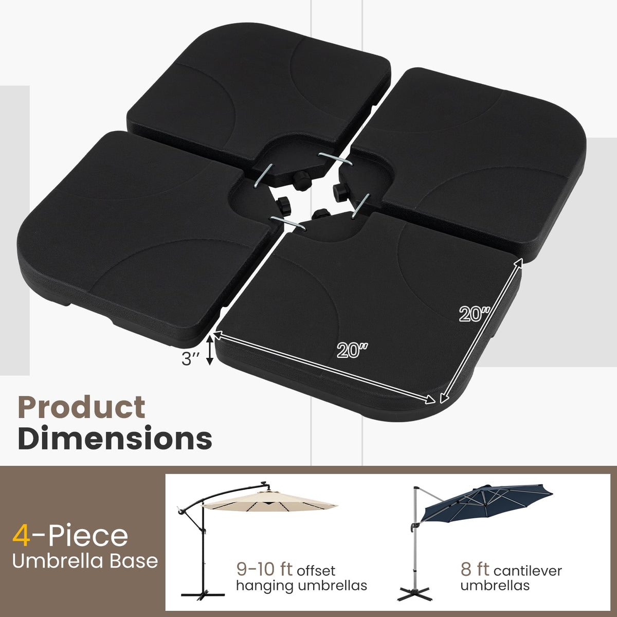 4-Piece Cantilever Offset Base 164 LBS Heavy-Duty Square with U-Locking Pins-Black-Outdoor Umbrella Bases-DECOROLALA