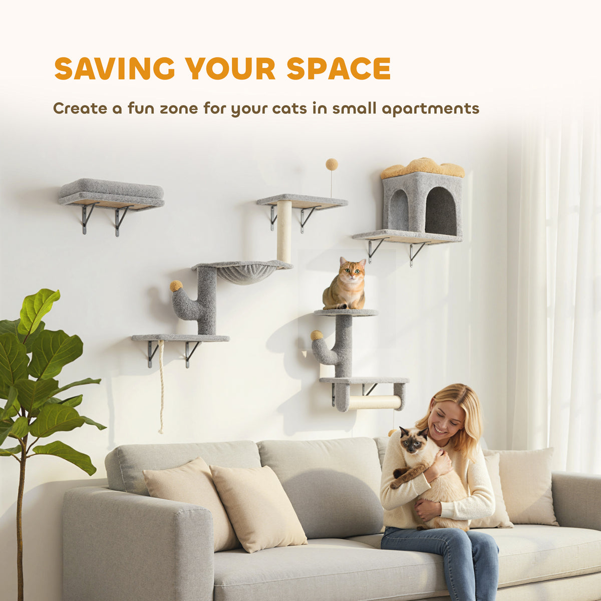 4-Piece Cat Wall Furniture Set - Light Grey and Yellow-Cats-DECOROLALA