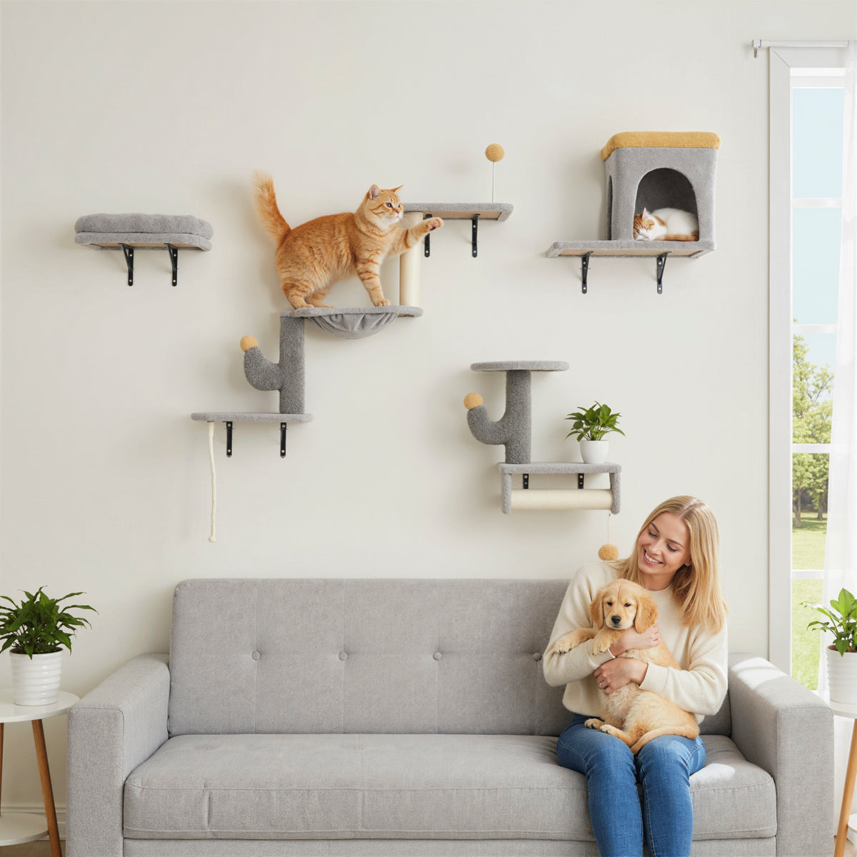 4-Piece Cat Wall Furniture Set - Light Grey and Yellow-Cats-DECOROLALA