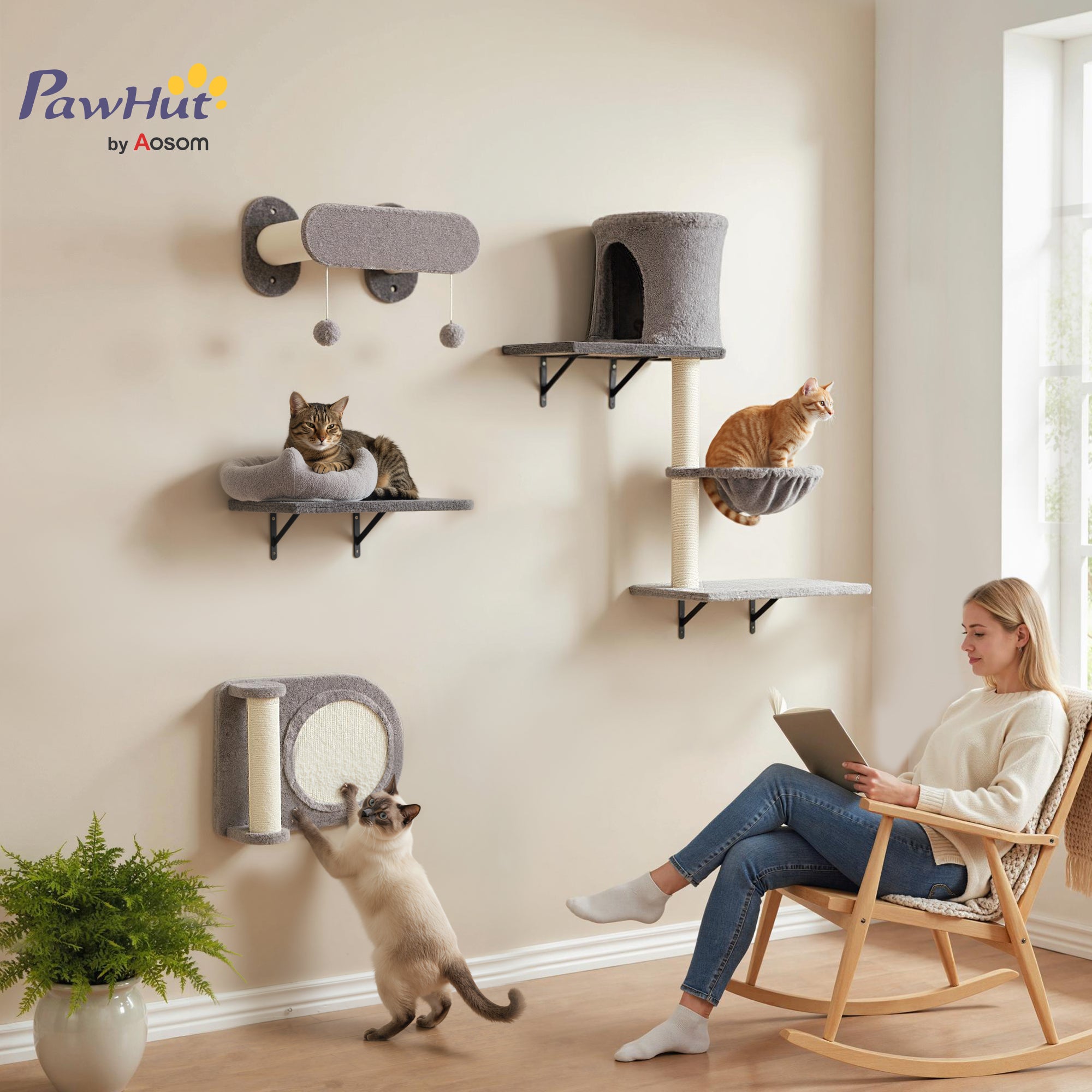 4-Piece Cat Wall Shelves Set with Hammock and Scratching Post-Cats-DECOROLALA