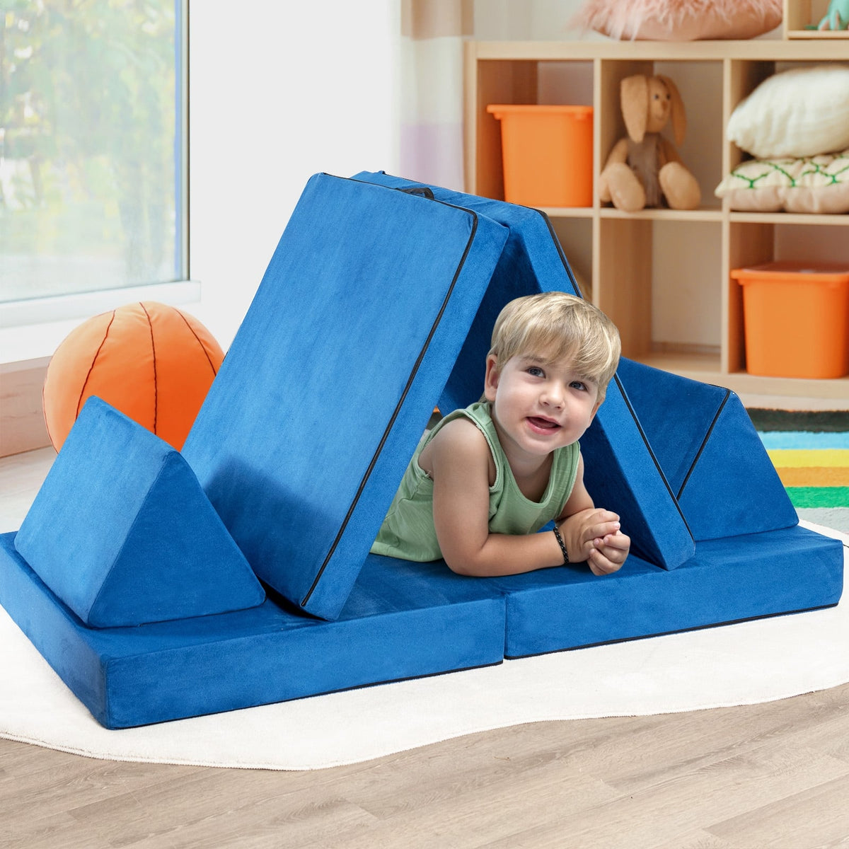 4-Piece Convertible Kids Couch Set with 2 Folding Mats-Blue-Kids Chairs-DECOROLALA