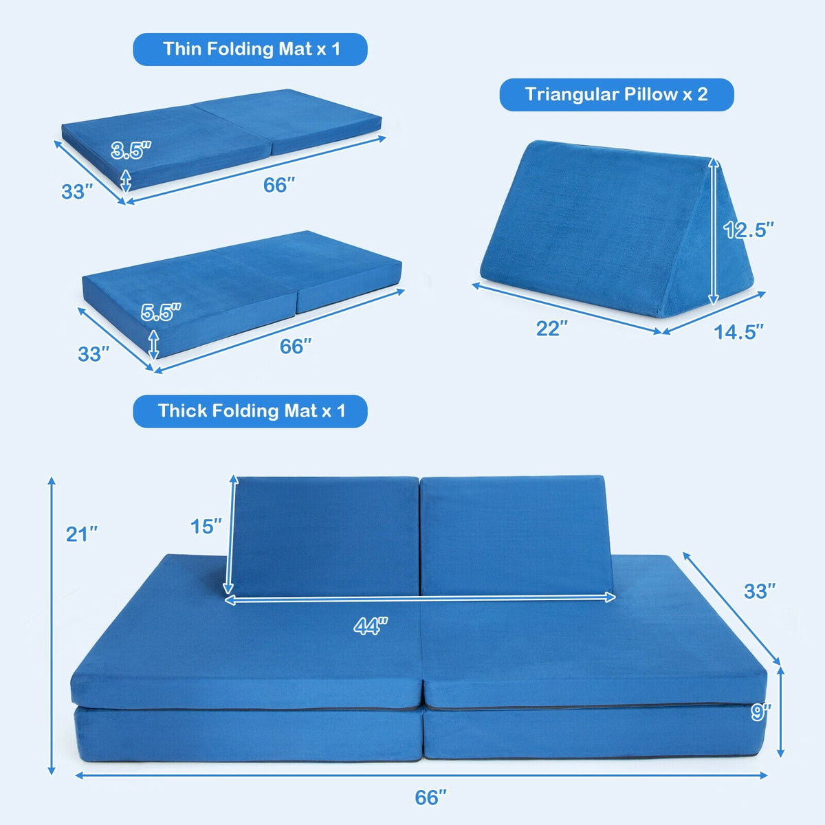4-Piece Convertible Kids Couch Set with 2 Folding Mats-Blue-Kids Chairs-DECOROLALA