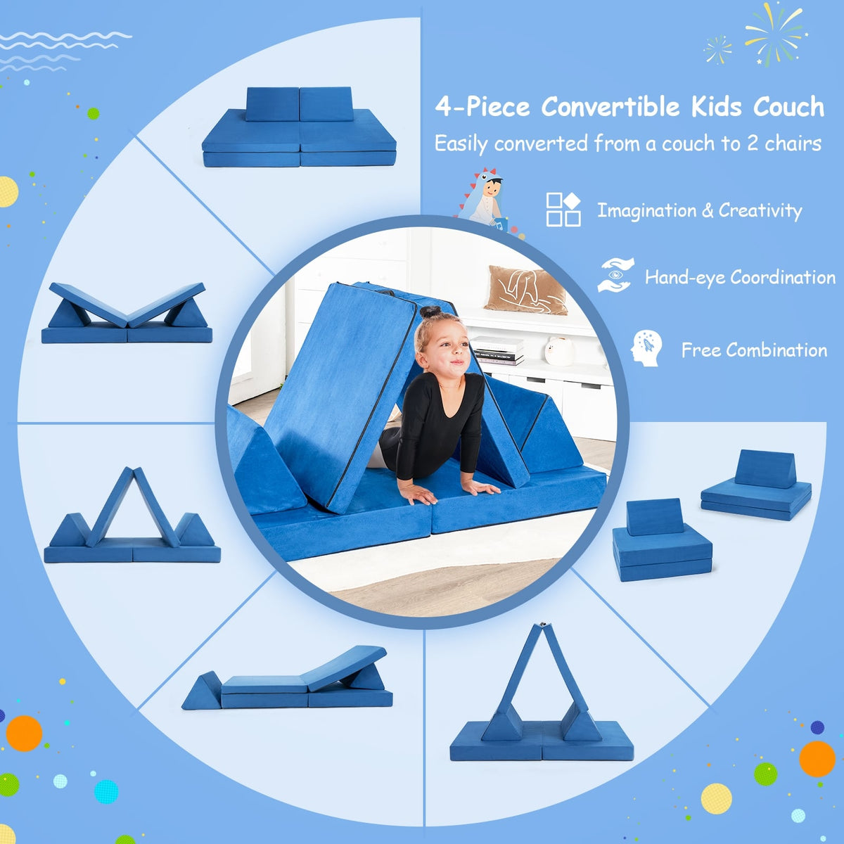 4-Piece Convertible Kids Couch Set with 2 Folding Mats-Blue-Kids Chairs-DECOROLALA