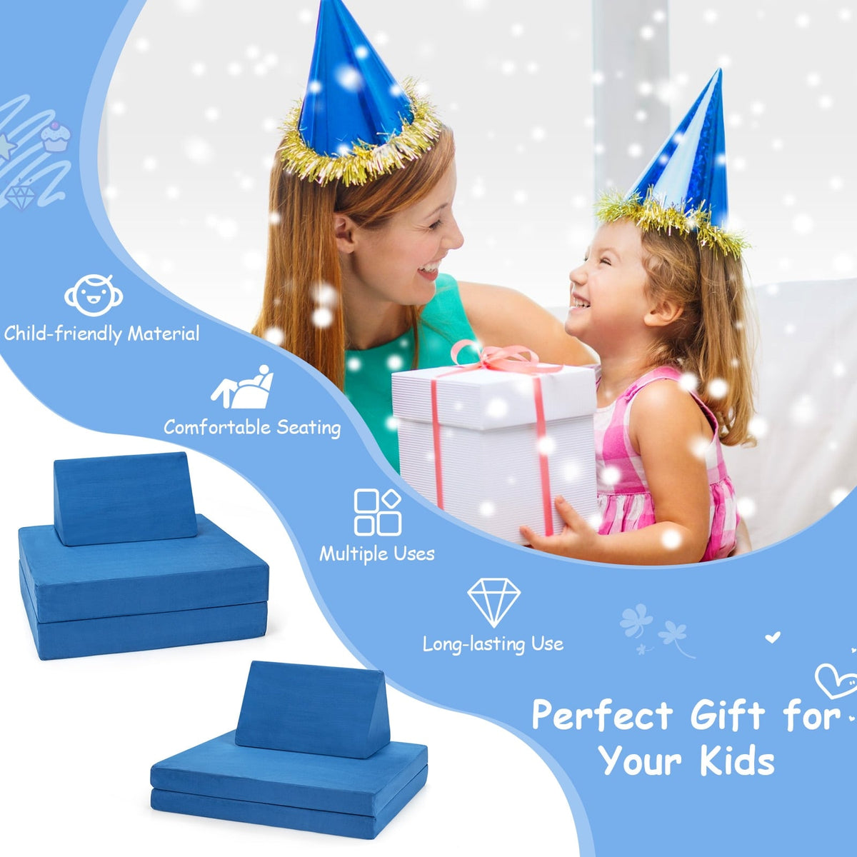 4-Piece Convertible Kids Couch Set with 2 Folding Mats-Blue-Kids Chairs-DECOROLALA