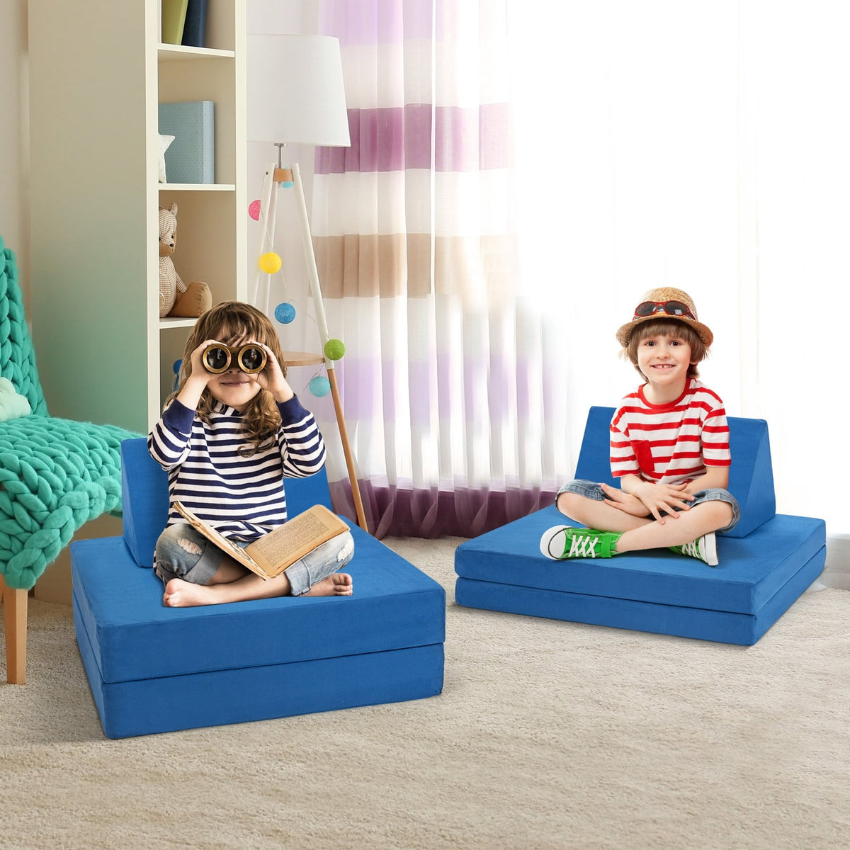 4-Piece Convertible Kids Couch Set with 2 Folding Mats-Blue-Kids Chairs-DECOROLALA