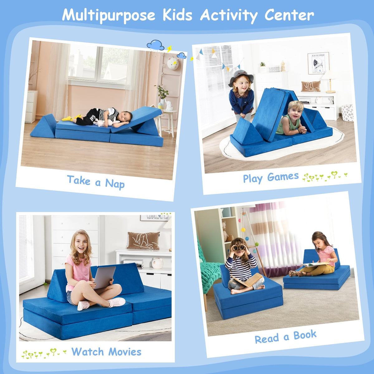 4-Piece Convertible Kids Couch Set with 2 Folding Mats-Blue-Kids Chairs-DECOROLALA