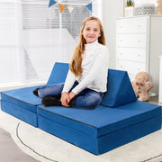 4-Piece Convertible Kids Couch Set with 2 Folding Mats-Blue-Kids Chairs-DECOROLALA