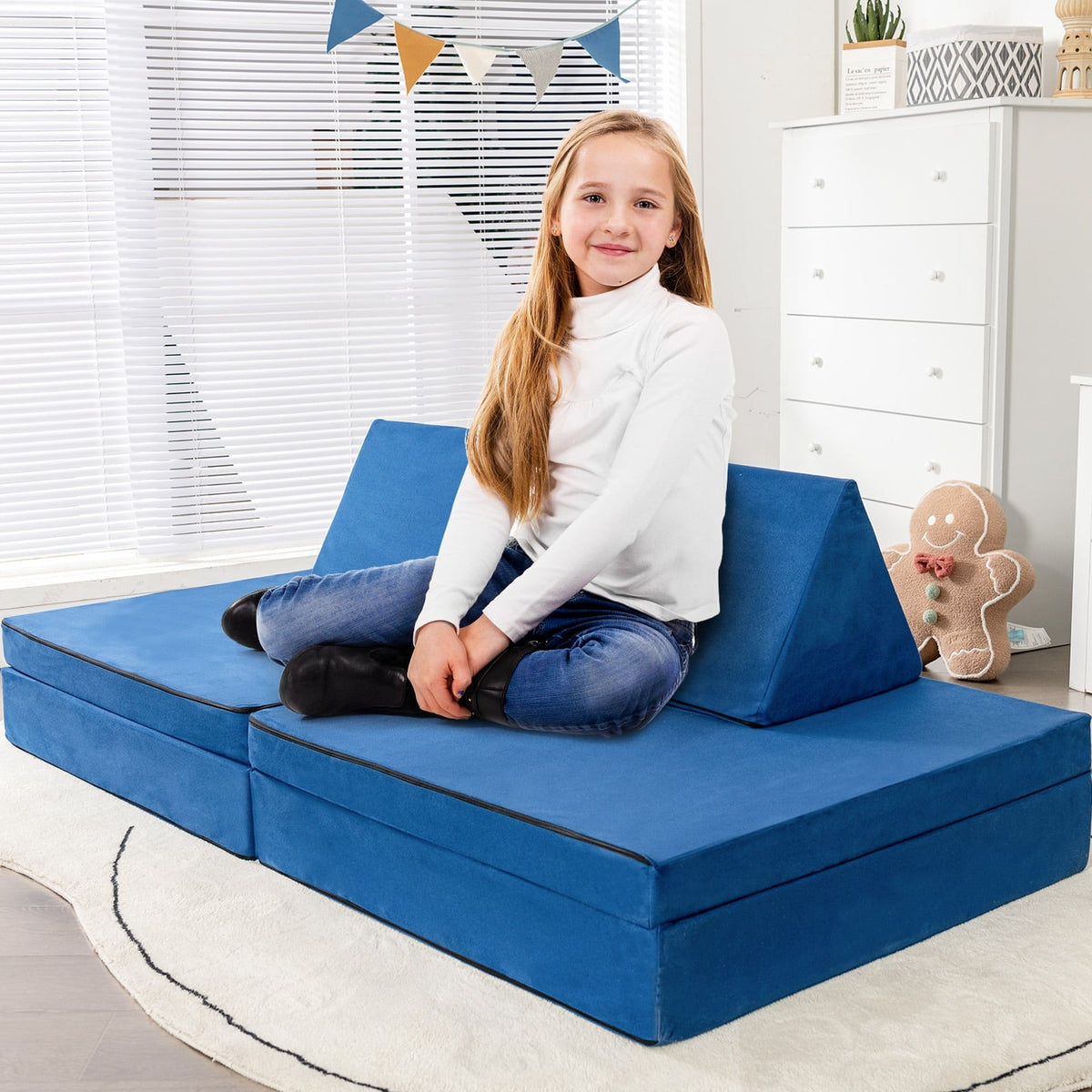 4-Piece Convertible Kids Couch Set with 2 Folding Mats-Blue-Kids Chairs-DECOROLALA