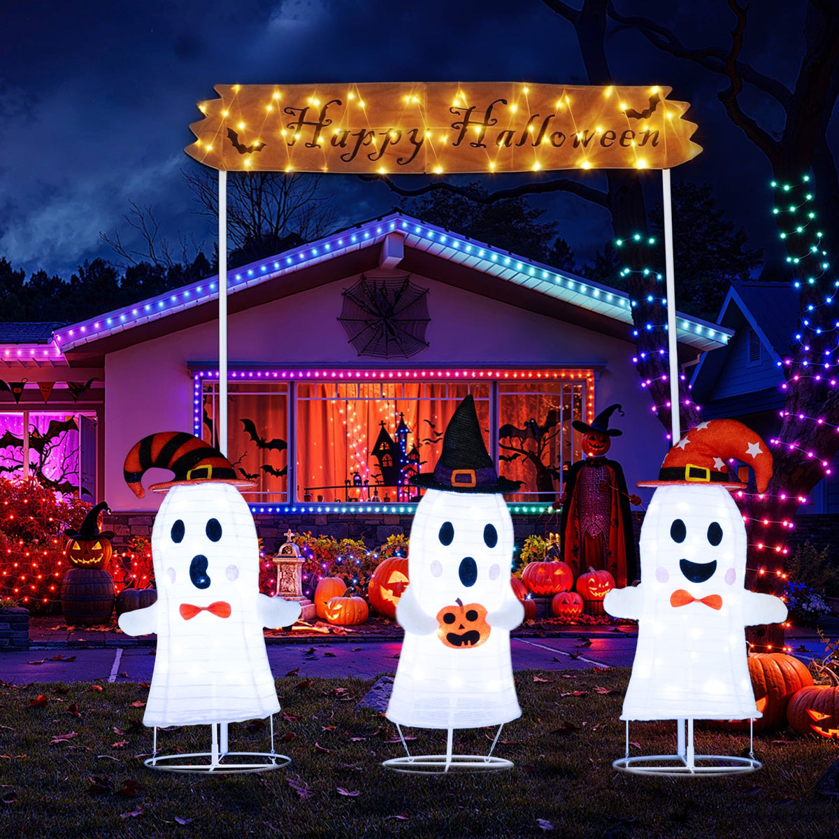 4-Piece Halloween Ghost Decoration Set with LED Lights - 67" Tall-Halloween-DECOROLALA