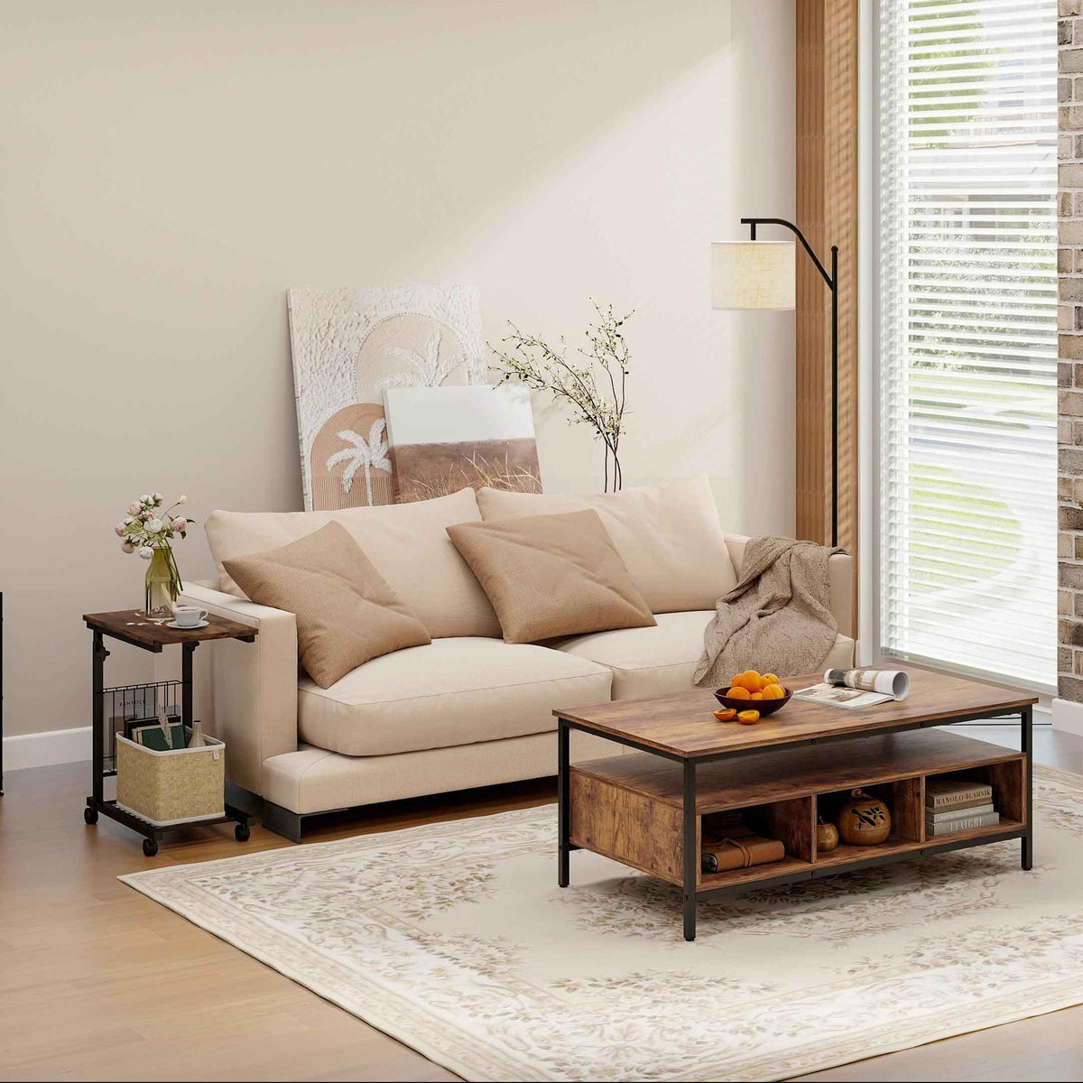 4-Piece Industrial Living Room Set: Fireplace TV Stand + 3-Tier Industrial Style Coffee Table + 71 Inch Freestanding Hall Tree + Adjustable C-shape Sofa Side Table-Living Room Furniture Sets-DECOROLALA