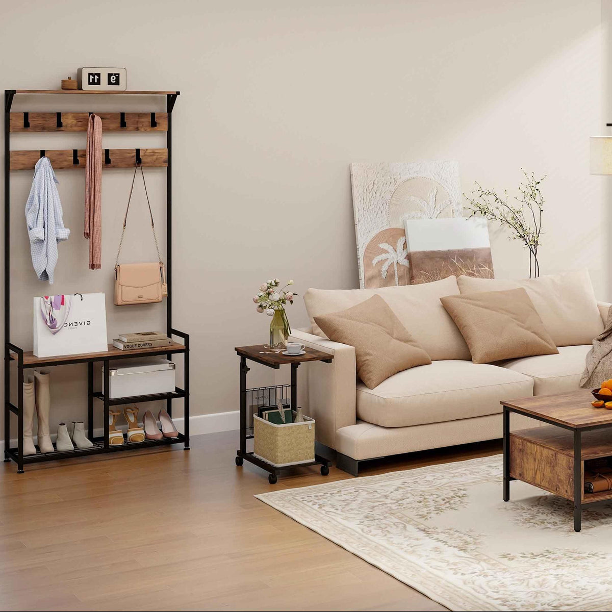 4-Piece Industrial Living Room Set: Fireplace TV Stand + 3-Tier Industrial Style Coffee Table + 71 Inch Freestanding Hall Tree + Adjustable C-shape Sofa Side Table-Living Room Furniture Sets-DECOROLALA