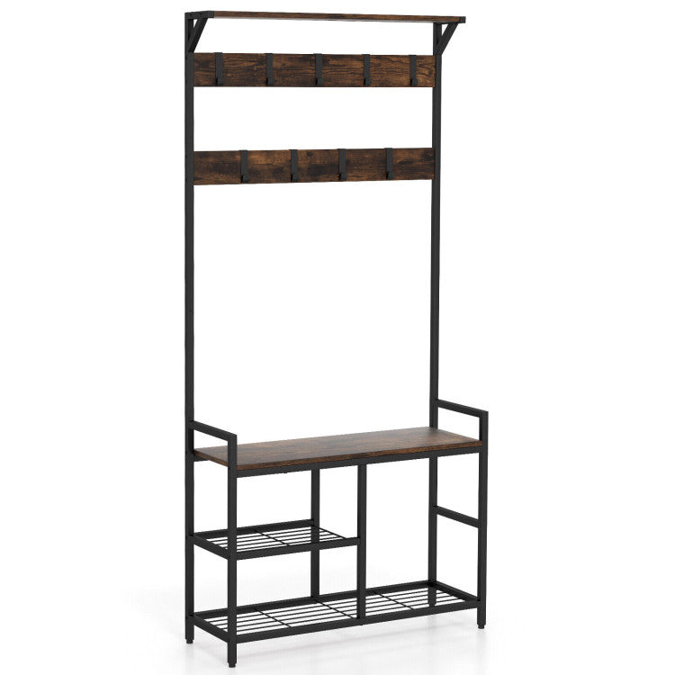 4-Piece Industrial Living Room Set: Fireplace TV Stand + 3-Tier Industrial Style Coffee Table + 71 Inch Freestanding Hall Tree + Adjustable C-shape Sofa Side Table-Living Room Furniture Sets-DECOROLALA